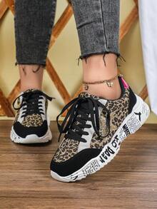 Leopard Print Star Lace-Up Unisex Thick Sole Sneakers, Dopamine Thick Sole Breathable Graffiti Sole Street Shoes, Suitable For Daily Wear And Party, Mother's Day And Christmas Gift - Black Leopard - View 3