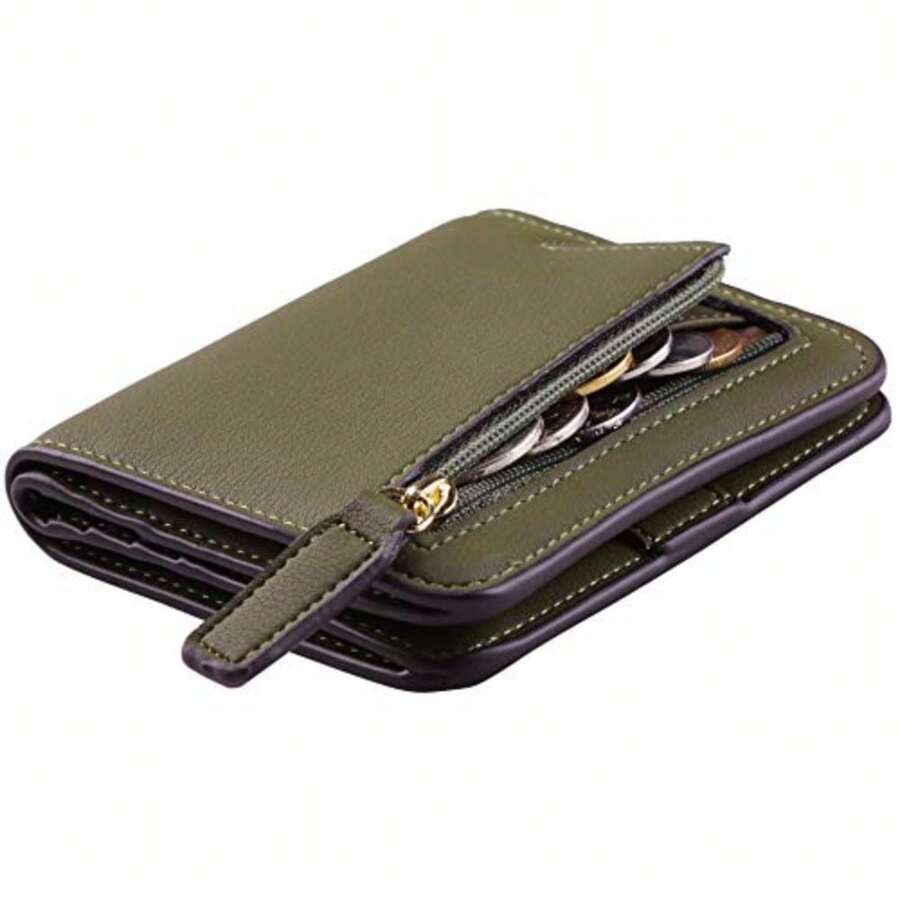 Toughergun Women's Small Slim Leather Wallet with RFID Protection, Compact Bifold Mini Purse with Clear ID Window - 15 Ejército Verde de ReNapa - Ver 1