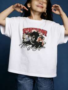 Girls' Casual Short-Sleeved T-Shirt With A Soft Round Neck And A "YoungBoy Never Broke Again" Graphic Print, Suitable For Everyday Wear. White. - 白色 - 查看 1
