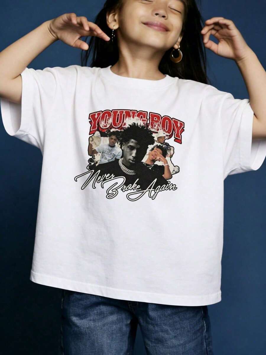 Girls' Casual Short-Sleeved T-Shirt With A Soft Round Neck And A "YoungBoy Never Broke Again" Graphic Print, Suitable For Everyday Wear. White. - 白色 - 查看 1