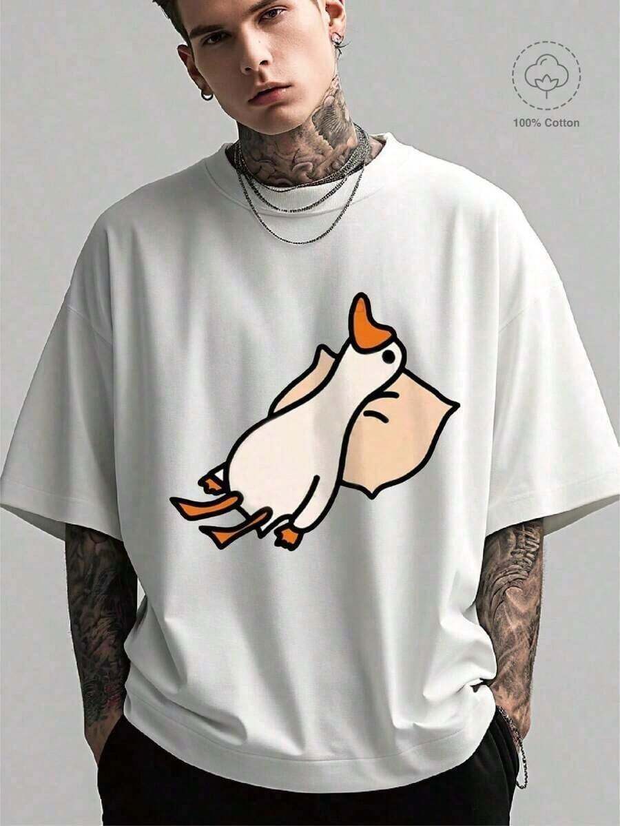 Cotton T-Shirt, Duck Print With Orange Beak, Round Neck, Short Sleeve, Summer Essential, Comfortable And Breathable - For Casual Wear, Running, Outings, Urban Fashion Or Gifts, Modern Summer Style - 黑色 - 查看 1