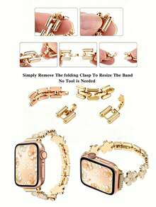 Huastonband 女款金色手鍊錶帶，適用於 ，時尚鑲鑽奢華花卉設計金屬不鏽鋼腕帶，相容 38/40/41/42/44/45/46/49mm 系列 Ultra/SE/S11/S10/S9/S8/S7/S6/S5/S4/S3/S2，夏季女款奢華珠寶海灘配件 - 金色 - 查看 10