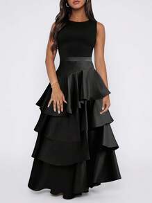 Women's Fashion A-Line Skirt, High Waist Ruffle Hem Solid Color Skirt, Suitable For Summer, Spring, Concerts, Elegant Black - Black - View 1