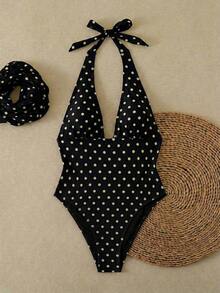 Traje de baño de dos piezas con estampado de lunares, escote asimétrico y espalda descubierta, atuendo de vacaciones en la playa para el verano - Negro - Ver 8