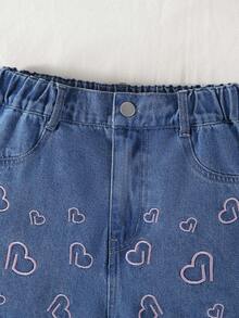 1 chiếc quần short denim màu xanh nhạt thời trang, giản dị, tối giản dành cho bé gái, kiểu dáng mới, thêu hình trái tim 3D dễ thương. - Rửa trung bình - Xem 5