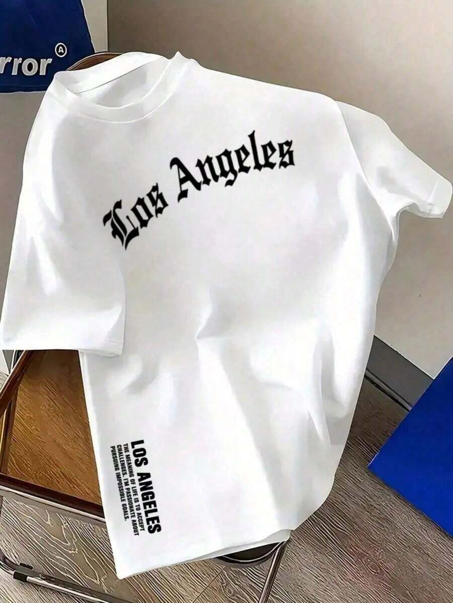 Men's Short-Sleeved T-Shirt With Custom Los Angeles Slogan Print, Made Of Comfortable And Breathable Fabric, Perfect For Summer - 白色 - 查看 1