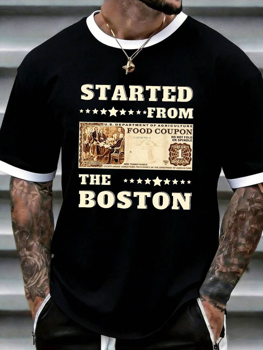Blended Shirt T-Shirt Originating From Bottom Food Stamp Coupon Star Summer Men's Short Sleeve T-Shirt Sports - Black - View 1