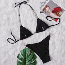 Bikini 2026 Nuevo Modelo Sexy con Rhinestone Dividido Traje de Baño de Mujer unicolor con Tirantes - Negro - Ver 3