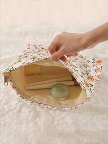 1 pieza Bolsa de cosméticos portátil con estampado floral, bolsa de maquillaje con cremallera impresa por ambos lados, organizador de artículos de tocador multifuncional para viajes - Multicolor - Ver 2