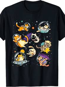 [Verano] Camiseta Divertida con Temática de Galaxia y Gatos Astronautas, con Gatos en el Espacio, Adecuada para Hombres y Mujeres, Perfecta para 2025 con un Tejido Ligero de 220G - Negro - Ver 1