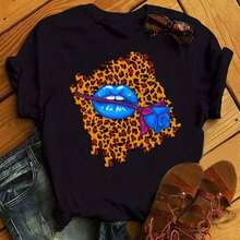 New Women's T-Shirt With Pink Lips And Leopard Print, Casual Style, Round Neck, Sexy, Black, With Kiss Design, Fun, For Girls, Dropshipping - 灰色 - 查看 2