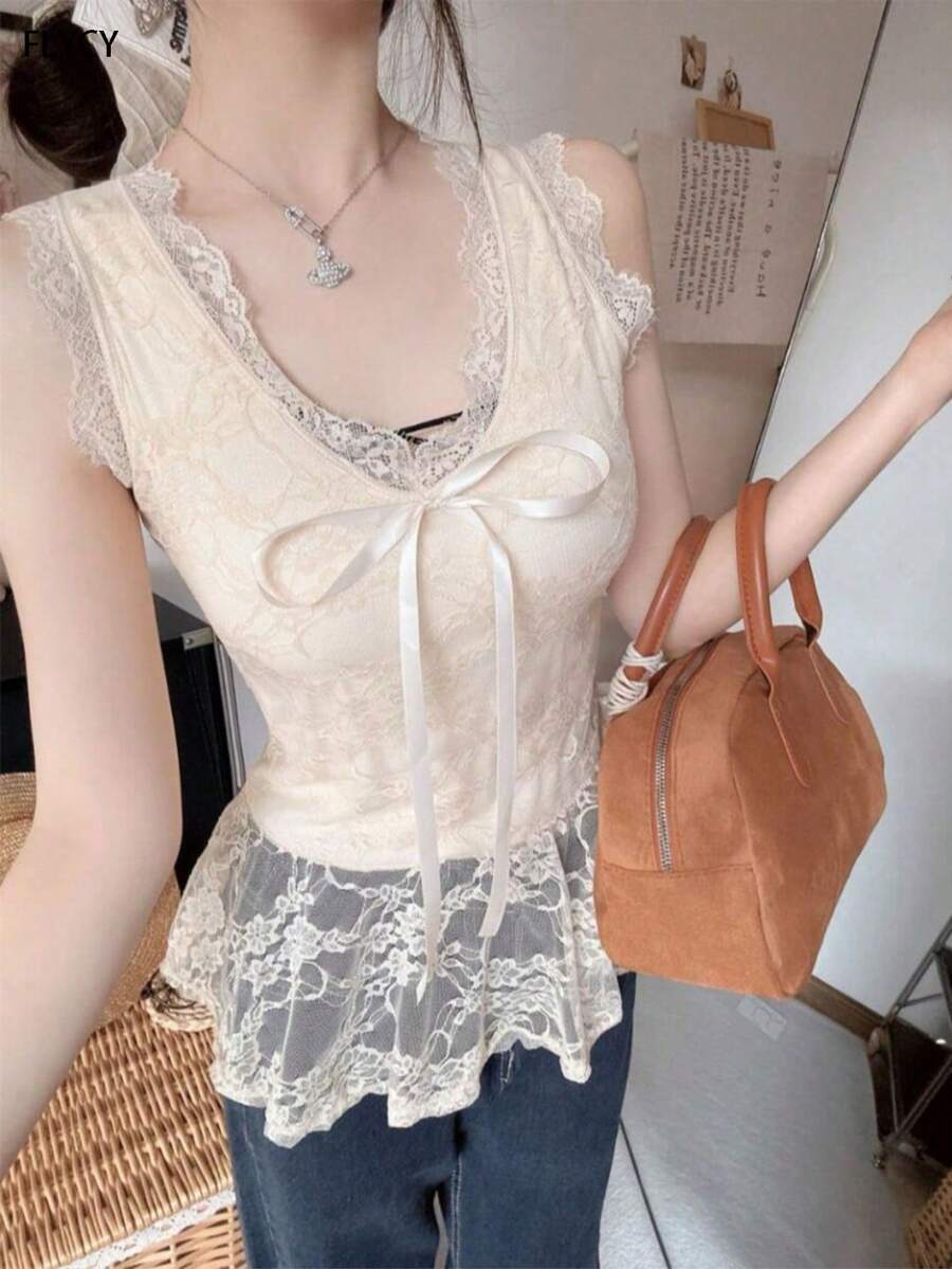 [FLYCY]Summer New Arrival Pure Sexy V-Neck Lace Frill Tank Top For Women - Integrated Padded Slim Sleeveless Top - Sweet, Cute, Casual, Fashionable, Versatile, Comfortable, Suitable For Everyday Wear, Commuting, And School - Yellow - View 1