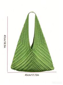 Dedoo French Style Large Opening Dumpling Shaped Crochet Bag, Presenting A Hollow V-Shape (Fishbone Pattern) Rhombus Grid Design. Minimalist Vacation Style Handbag, Suitable For Summer Beach Travel, Daily Commute, Shopping, And Dates. - Green - View 5