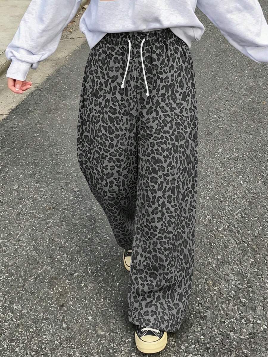 1pc Teen Girls Street Style Leopard Print Wide Leg Loose Pants, Drapey Fit, Casual Comfortable Versatile Long Trousers For Daily Wear, Home And Outings - Multicolor - View 1