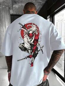 Samurai Print T-Shirt - 100% Cotton Short Sleeve Martial Arts Design With Katana And Kanji On The Back, Casual Round Neck For Summer, Themed Events And Casual Wear - 白色 - 查看 7