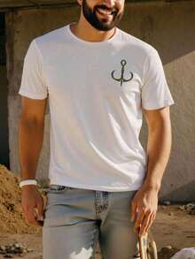 Men's Short-Sleeved Crew Neck T-Shirt With Letter Print, Standard Size - White - View 2