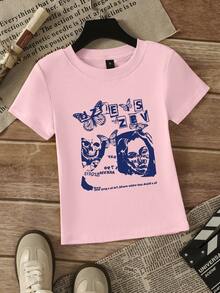 Pink Fitted Regular Shoulder Short Sleeve T-Shirt, American Chic Versatile Retro Top For Summer Casual - Pink-1 - View 5