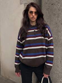 HH Women's Spring/Autumn Colorblock Striped Knit Pullover, French Collar Loose Long Sleeve Sweater, Vintage Fashion Top - Royal Blue - View 6