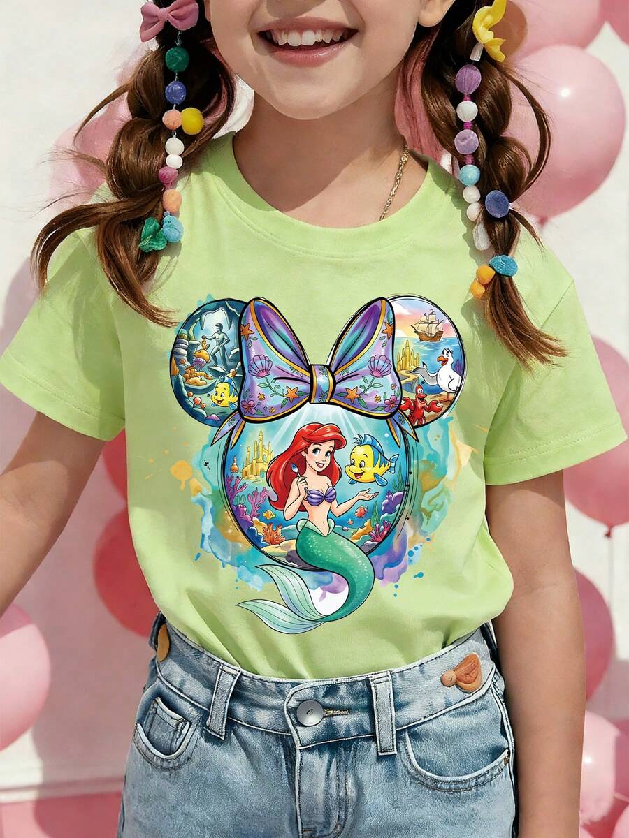 Disney-1 Piece Pack-The Li Ttle Mermaid Ariel And Flounder Printed Pattern T-Shirts For Girls - Children's Clothing Design Short-Sleeved Casual And Cute Style Comfortable And Casual Wear All Year Round Suitable For Parties And Play Machine Washable Gift Children's Clothing Girls' Short-Sleeved Shirts - Matcha xanh - Xem 1