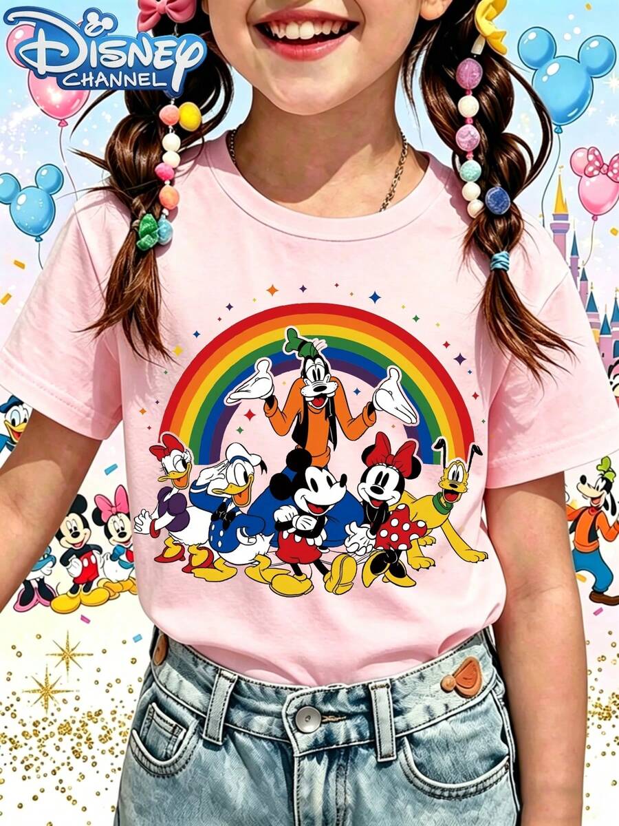 Disney T-Shirt Short Sleeves Are Made Of 100% Pure Cotton FabricDisney Channel Pink T Shirt With Mickey Mouse Minnie Donald Daisy Goofy And Pluto Rainbow Print For Kids Casual WearA Gift Suitable For Girls - Hồng - Xem 1