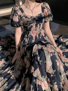 女款優雅現代浪漫花卉短袖荷葉邊拼接設計修身顯瘦喇叭裙 度假黑色 - 黑色 - 查看 4