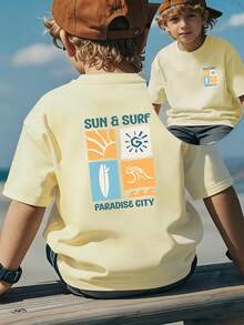 Camiseta Casual de Manga Corta para Niños con Estampados Frontales y Traseros, Diseño Vintage de Tabla de Surf, Elegante y Cómoda para Uso Diario en Primavera/Verano, Cuello Redondo, Prenda de Verano Preferida para Niños de 1 a 14 Años - Verde militar - Ver 8