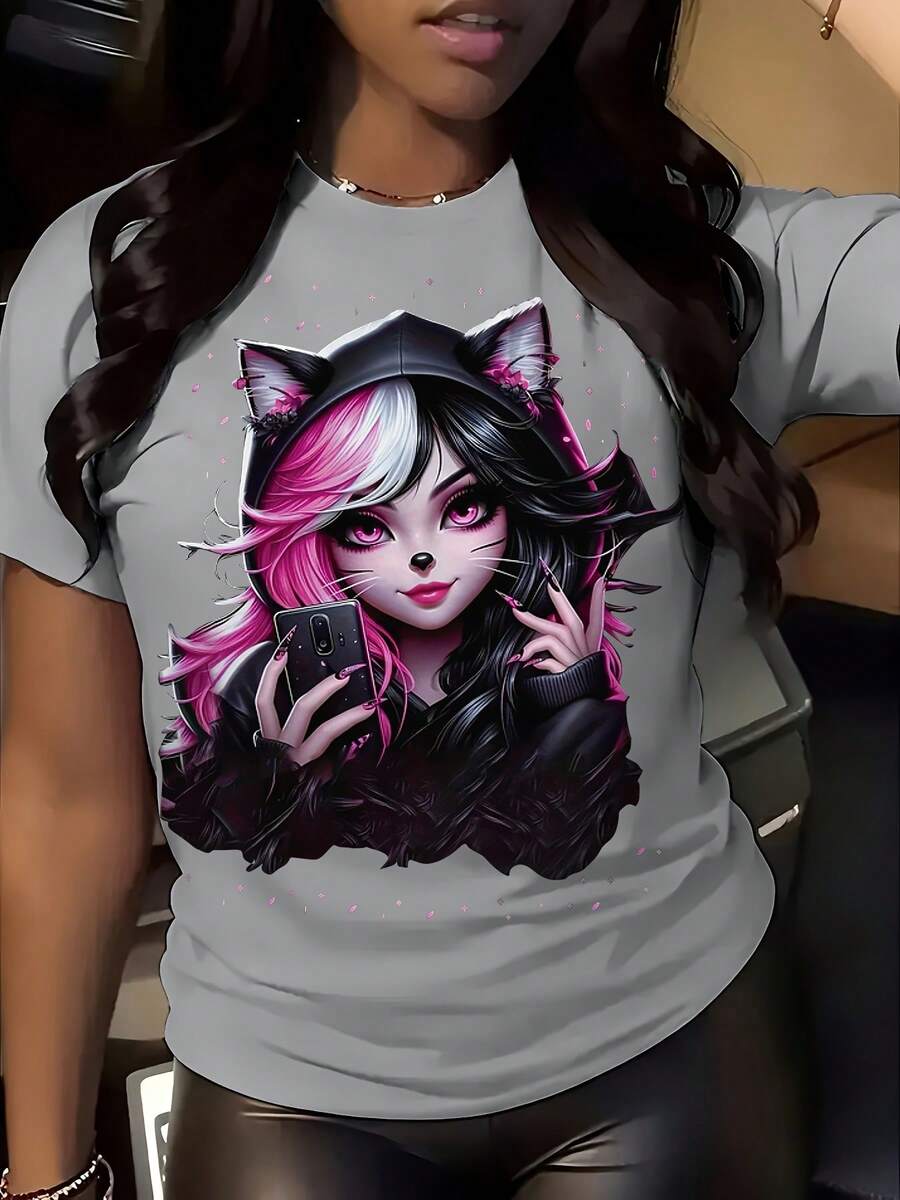 Women's T-Shirt With Anime Cat Ears Print - Short Sleeve, Round Neck, Japanese Sleeve Print, Soft And Stretchy, For Summer And Spring, Ideal For Conventions, Theme Events And Casual Wear - 淺灰色 - 查看 1