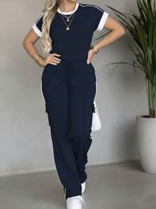 Casual Versatile Round Neck Short Sleeve Top And High Waist Drawstring Striped Loose Cargo Pants 2-Piece Set Women's Contrast Color Round Elegant - Navy - View 6