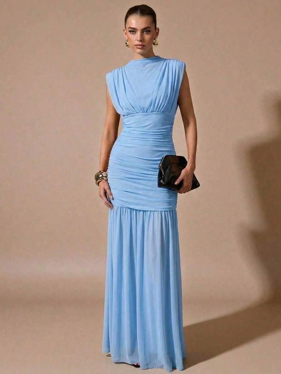 xheSHEIN Vestido negro envolvente de gasa elegante con pliegues, adecuado para citas románticas, fiestas, eventos formales, vestidos de dama de honor, vestido de verano para mujer, vestido para té, Año Nuevo, Día de San Valentín, vestido mini de cumpleañosxhe - Celeste - Ver 1