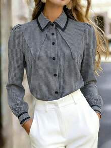 Women's Plaid Long Sleeve Shirt, Button Front, Regular Fit, Shirt Collar Top - Black - View 1