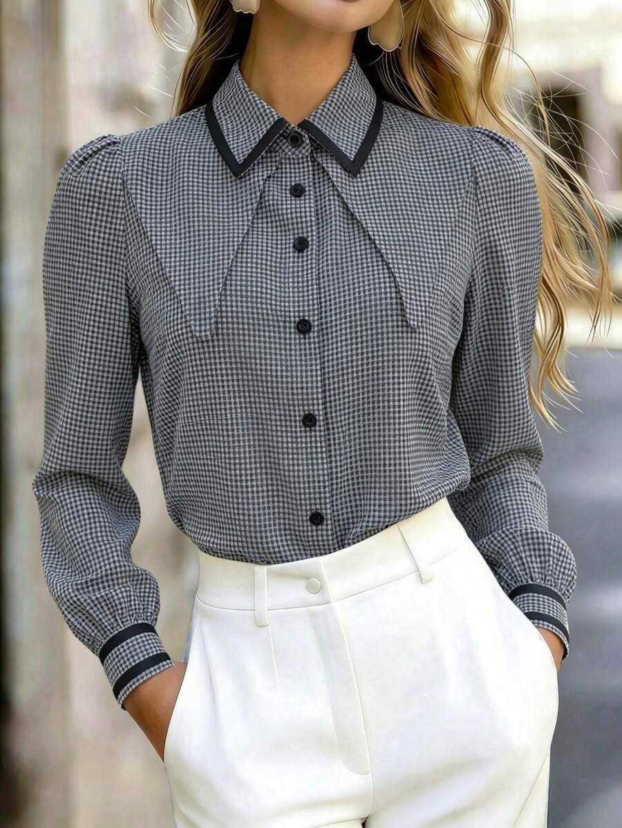 Women's Plaid Long Sleeve Shirt, Button Front, Regular Fit, Shirt Collar Top - Black - View 1