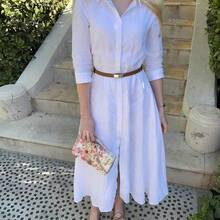 Vestido de manga larga con cuello de camisa elegante para mujer, adecuado para primavera/verano, Día de la Madre, Ramadán, Eid Al-Fitr, uso diario, playa, vacaciones - Amarillo - Ver 3
