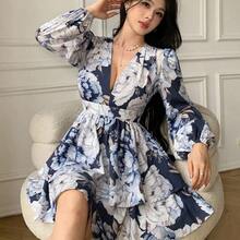 Vestido mini de moda con cuello en V profundo, mangas farol y dobladillo con volantes con estampado floral para mujer - Azul - Ver 4