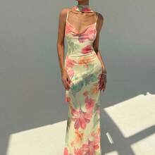 Nuevo vestido con cuello drapeado sexy con espalda descubierta, estampado de malla con flores románticas y tirantes extra largos - Albaricoque - Ver 4