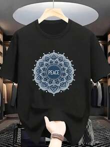 Men's T-Shirt, Round Neck, Short Sleeve, Mandala And "PEACE" Print, Casual Summer Streetwear - 黑色 - 查看 1