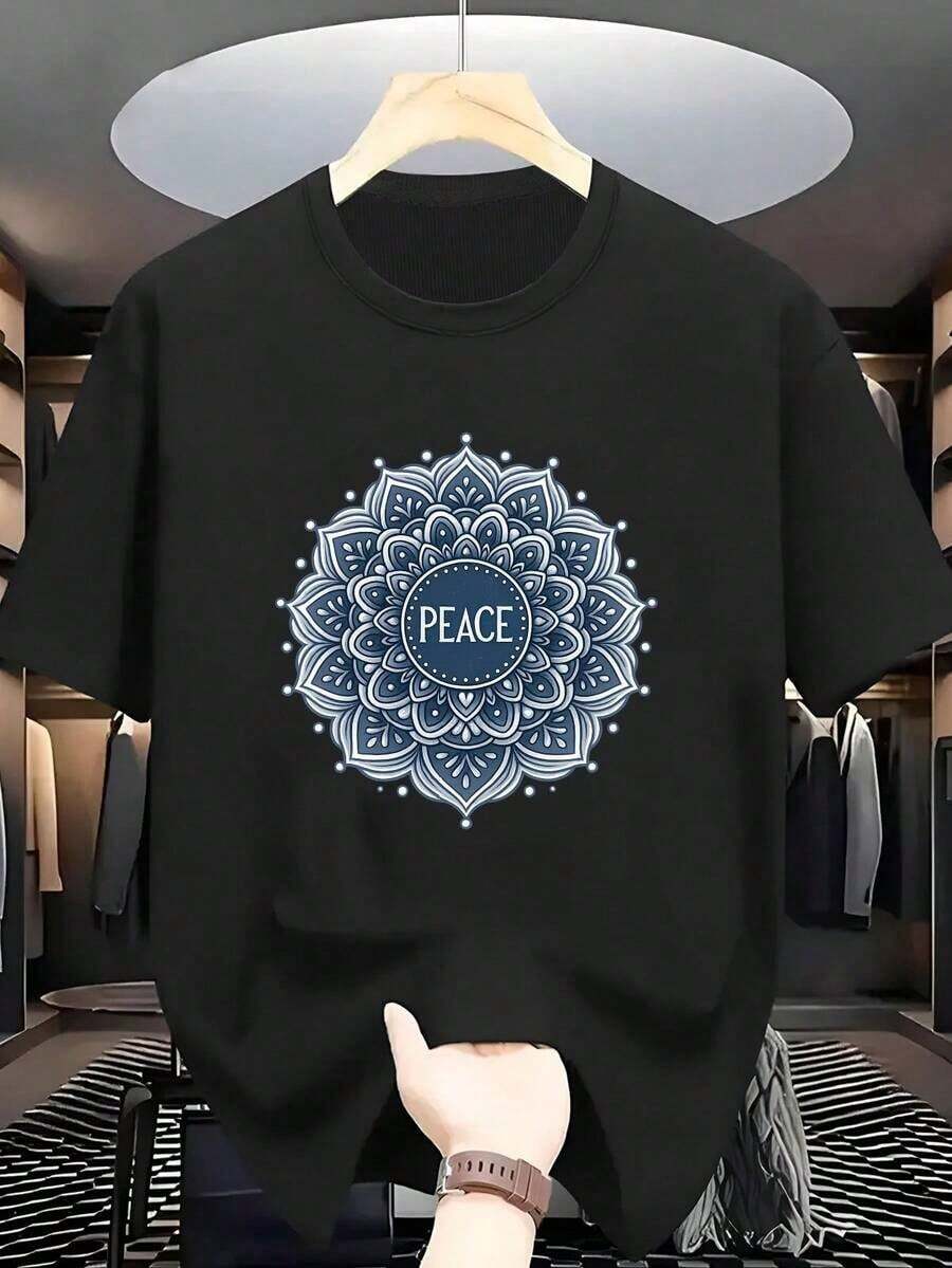 Men's T-Shirt, Round Neck, Short Sleeve, Mandala And "PEACE" Print, Casual Summer Streetwear - 黑色 - 查看 1