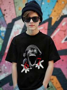 GraphicGems Boys' Basic Short Sleeve T-Shirt, Casual, Elegant, Creative, Personalized, Refreshing, Chic, Minimalist, Cool Style, With Digit 67 Football Graphic Print, Comfortable Clothing For Daily Wear, Cozy Summer And Autumn Styles, Suitable For 7 Year Olds, Graphic Clothing For Boys, Hip Hop Clothing For Boys. - 咖啡棕 - 查看 1