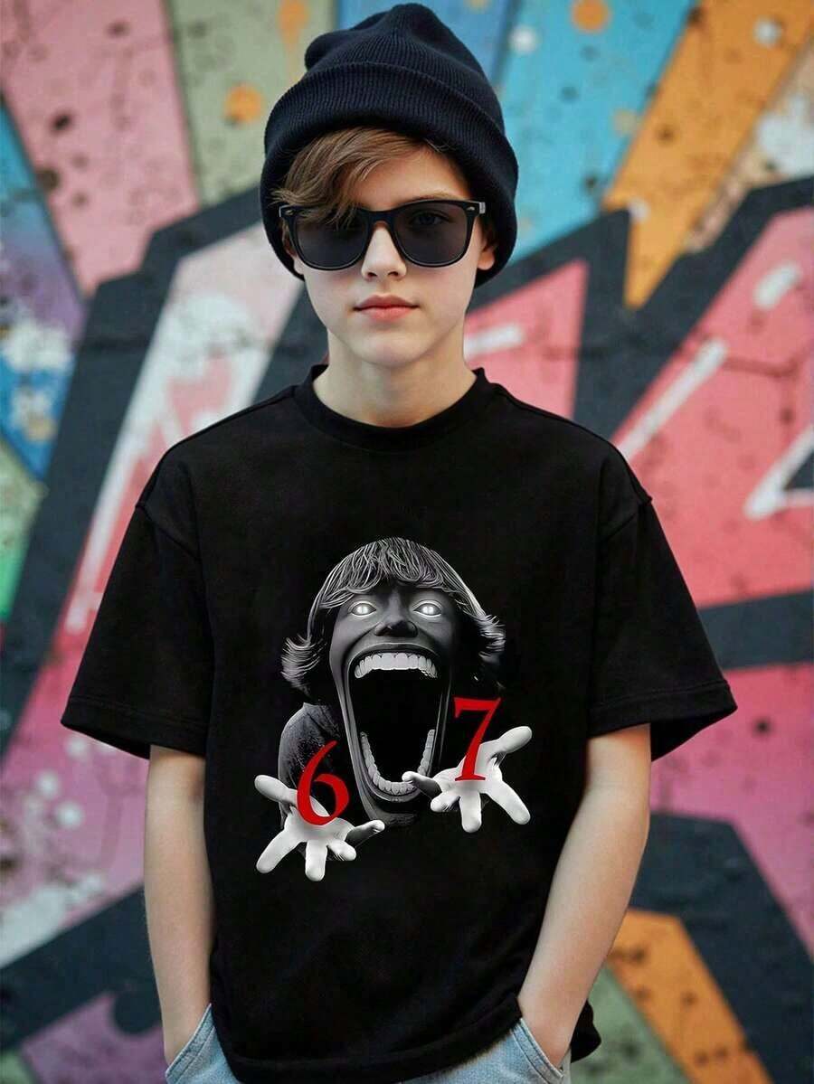 GraphicGems Boys' Basic Short Sleeve T-Shirt, Casual, Elegant, Creative, Personalized, Refreshing, Chic, Minimalist, Cool Style, With Digit 67 Football Graphic Print, Comfortable Clothing For Daily Wear, Cozy Summer And Autumn Styles, Suitable For 7 Year Olds, Graphic Clothing For Boys, Hip Hop Clothing For Boys. - 咖啡棕 - 查看 1
