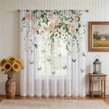 1PC Cream Rose & Butterfly Print Curtains, Semi-Transparent Fabric, Soft Floral Home Essentials For Guest Room, Bedroom, 52"W * 84"L - Multicolor - View 12