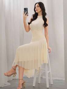 Vestido largo de noche de unicolor y estilo simple sin mangas para mujer - Albaricoque - Ver 7