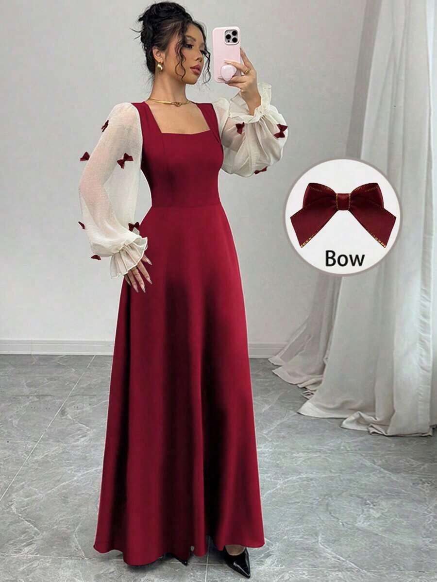 Vestido de mujer con parches tejidos, decoración de lazo y cintura ceñida - Rojo - Ver 1