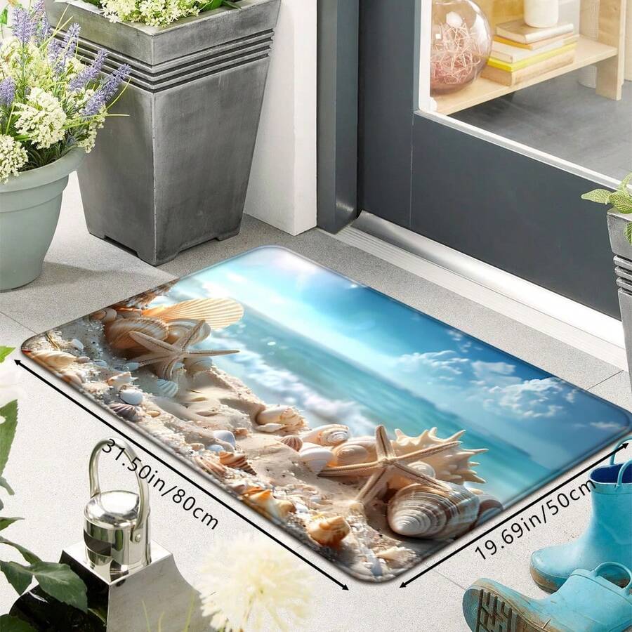 1pc Entry Door Mat, Beach Shell & Starfish Print Floor Mat, Non-Slip Absorbent Bathroom Rug, Soft Comfortable Easy To Clean Entryway Carpet, Suitable For Kitchen, Bathroom, Bedroom, Balcony Indoor Decoration Mat, Home Decor - Multicolor - View 1