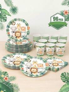 96pcs/Set Jungle Animal Theme Disposable Tableware Set, Suitable For 24 Adults - Includes Plates, Napkins And Cups, Serves 24 Guests, Suitable For Birthday Parties, Family Picnics, Birthday Party Favors, Disposable Food Containers, Kitchen Trays, Cake Trays - Multicolor - View 1