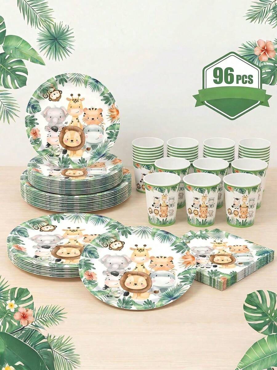 96pcs/Set Jungle Animal Theme Disposable Tableware Set, Suitable For 24 Adults - Includes Plates, Napkins And Cups, Serves 24 Guests, Suitable For Birthday Parties, Family Picnics, Birthday Party Favors, Disposable Food Containers, Kitchen Trays, Cake Trays - Multicolor - View 1