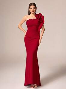 VIPGIRL New Arrival Burgundy One Shoulder Elegant Formal Gown With 3D Floral Decor, Sequin Patchwork And Ruffle Design, High-End Ladies Evening Dress - Burgundy - View 4
