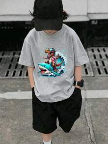 Dinosaurio Montando Ola de Tiburón Camiseta para niños - Gris - Ver 7