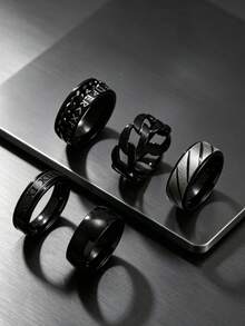 5pcs Fashionable Gothic Stainless Steel Ring Set For Men, Includes Roman Letter & Twisted Rope Elements, Suitable For Daily Wear & Holiday Accessories - 5 Roman Numeral Rings - View 3