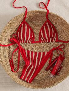 Conjunto de bikini con escote halter y contraste de colores, traje de baño elegante y cómodo para vacaciones de verano en la playa - Multicolor 7 - Ver 2