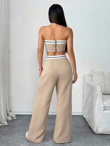 Luminelle Conjunto de top bandeau y pantalones de pierna ancha para mujeres con diseño de bloques de color - Albaricoque 2 - Ver 9