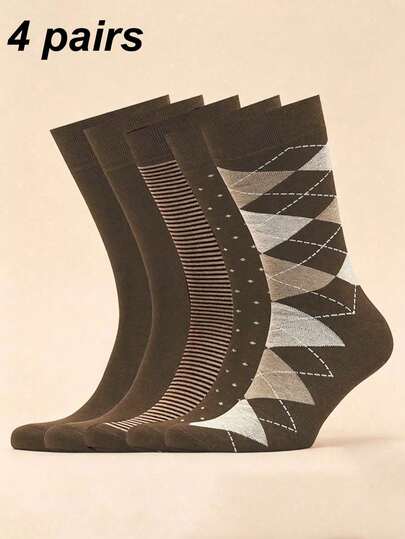 4 Pairs Men's Diamond Pattern Polka Dot Brown Mid-Calf Socks, Soft, Comfortable, Breathable, Suitable For Daily Wear, Office Attire, All Seasons